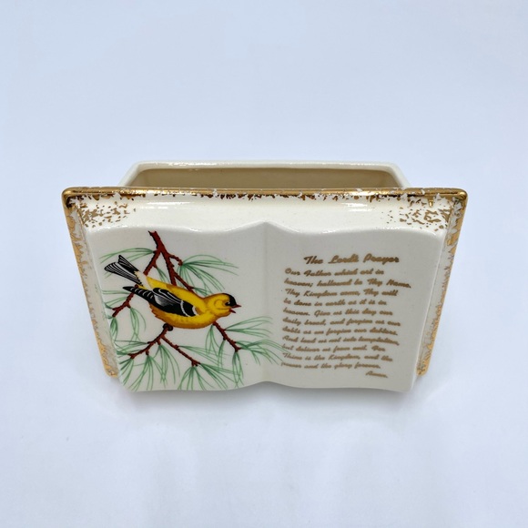 Vintage Mid-Century American Goldfinch Bird Lord's Prayer Book Ceramic Planter - Picture 1 of 13